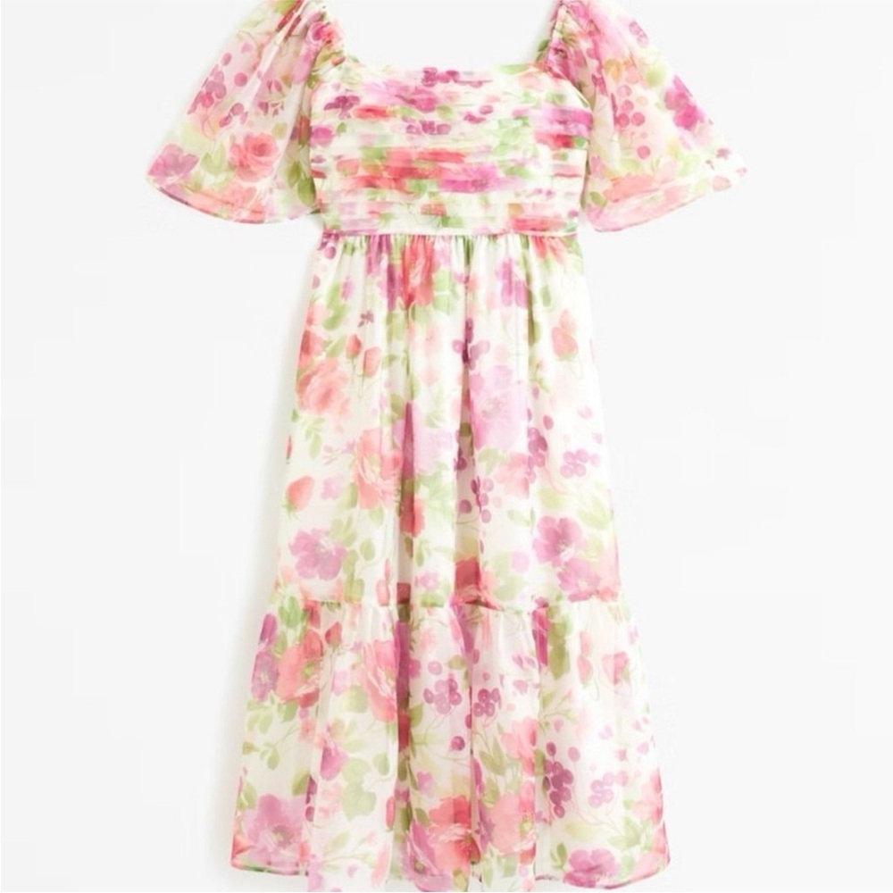 Abercrombie & Fitch White Floral Midi Dress with Pink & Green Print
